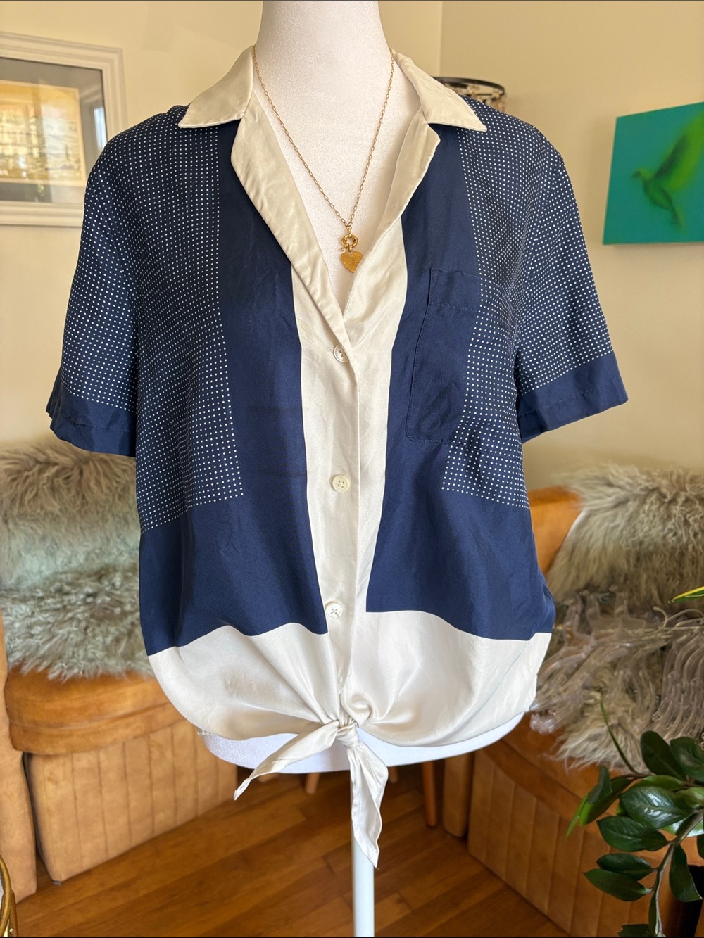 Equipment Navy & Ivory Short-Sleeve Button Front Tie Hem Shirt